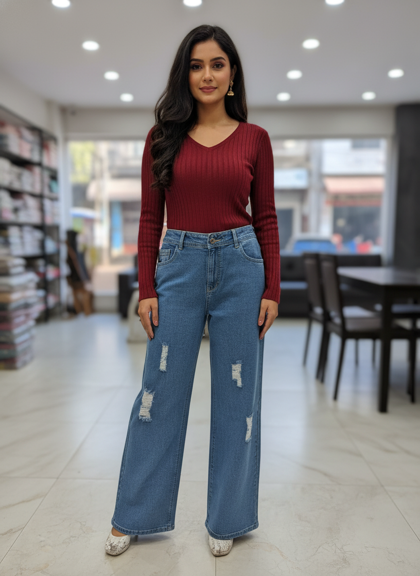 Women’s High Waist Wide Leg Blue Jeans