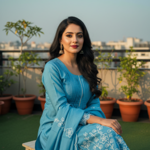 Sky Blue Mul Chanderi A-Line Suit with Thread Embroidery & Dupatta for Women