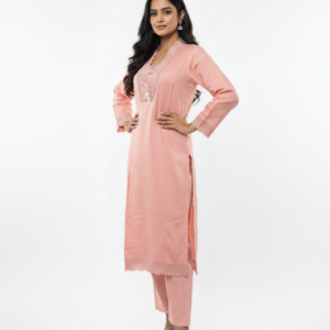 Peach Embroidered Kurta Set with Dupatta for Women