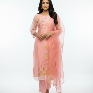 Peach Embroidered Kurta Set with Sheer Dupatta