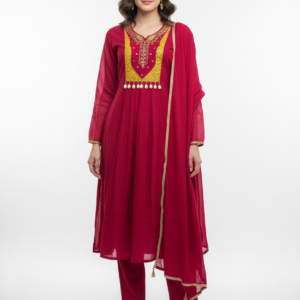 Hot Pink Mul Chanderi Silk A-Line Straight Suit with Zari Work