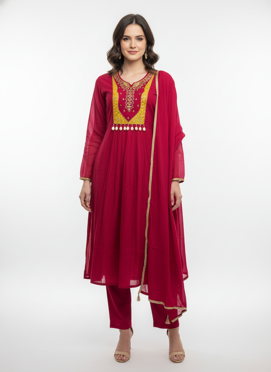 Hot Pink Mul Chanderi Silk A-Line Straight Suit with Zari Work