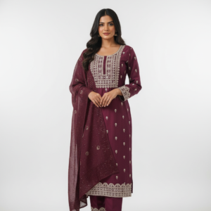 Wine Embroidered Kurta Set with Matching Dupatta