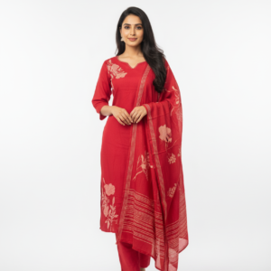 Red Embroidered Kurta Set with Floral Dupatta for Women