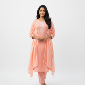 Peach Embroidered Kurta Set with Dupatta for Women
