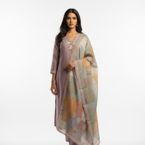 Mauve Embroidered Kurta Set with Printed Dupatta for Women