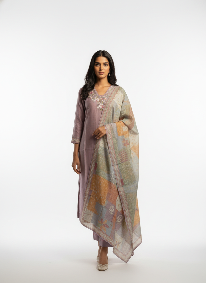 Mauve Embroidered Kurta Set with Printed Dupatta for Women