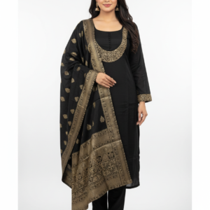 Black Kurta Pant Dupatta Set with Gold Woven Borde