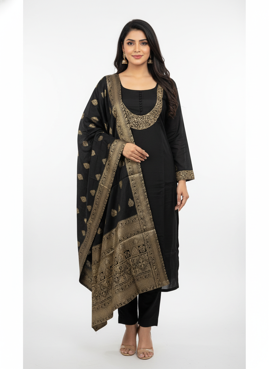 Black Kurta Pant Dupatta Set with Gold Woven Borde