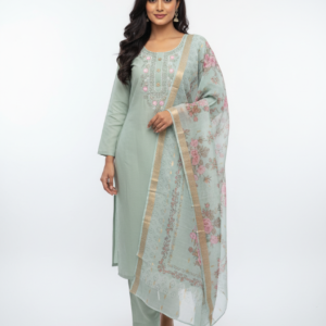 Mint Green Embroidered Kurta Set with Floral Printed Dupatta