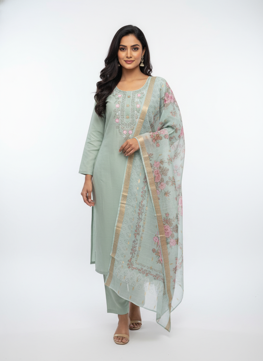 Mint Green Embroidered Kurta Set with Floral Printed Dupatta