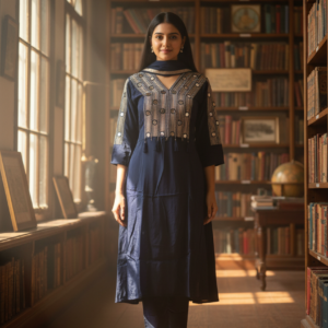 Navy Blue Crepe Straight Suit with Mirror Work & Chiffon Dupatta for Women