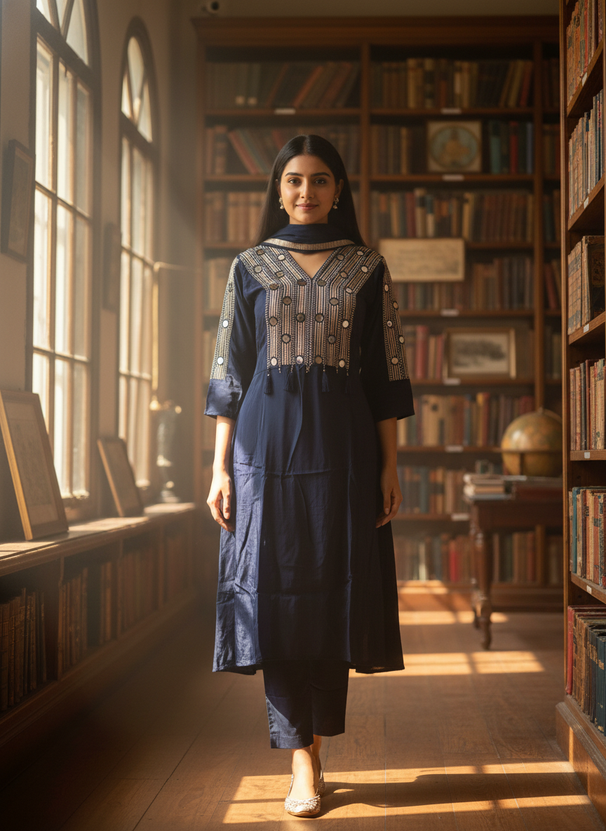 Navy Blue Crepe Straight Suit with Mirror Work & Chiffon Dupatta for Women