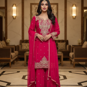 Hot Pink Embroidered Kurta Sharara Set with Dupatta