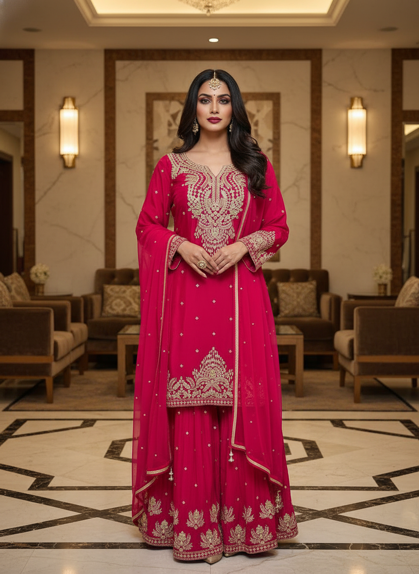 Hot Pink Embroidered Kurta Sharara Set with Dupatta