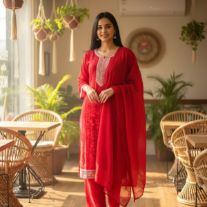 Elegant Red Embroidered Kurta Set with Matching Dupatta