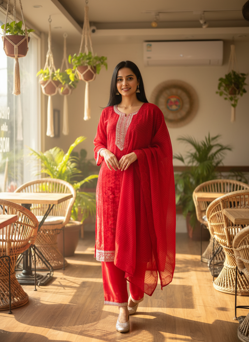 Elegant Red Embroidered Kurta Set with Matching Dupatta