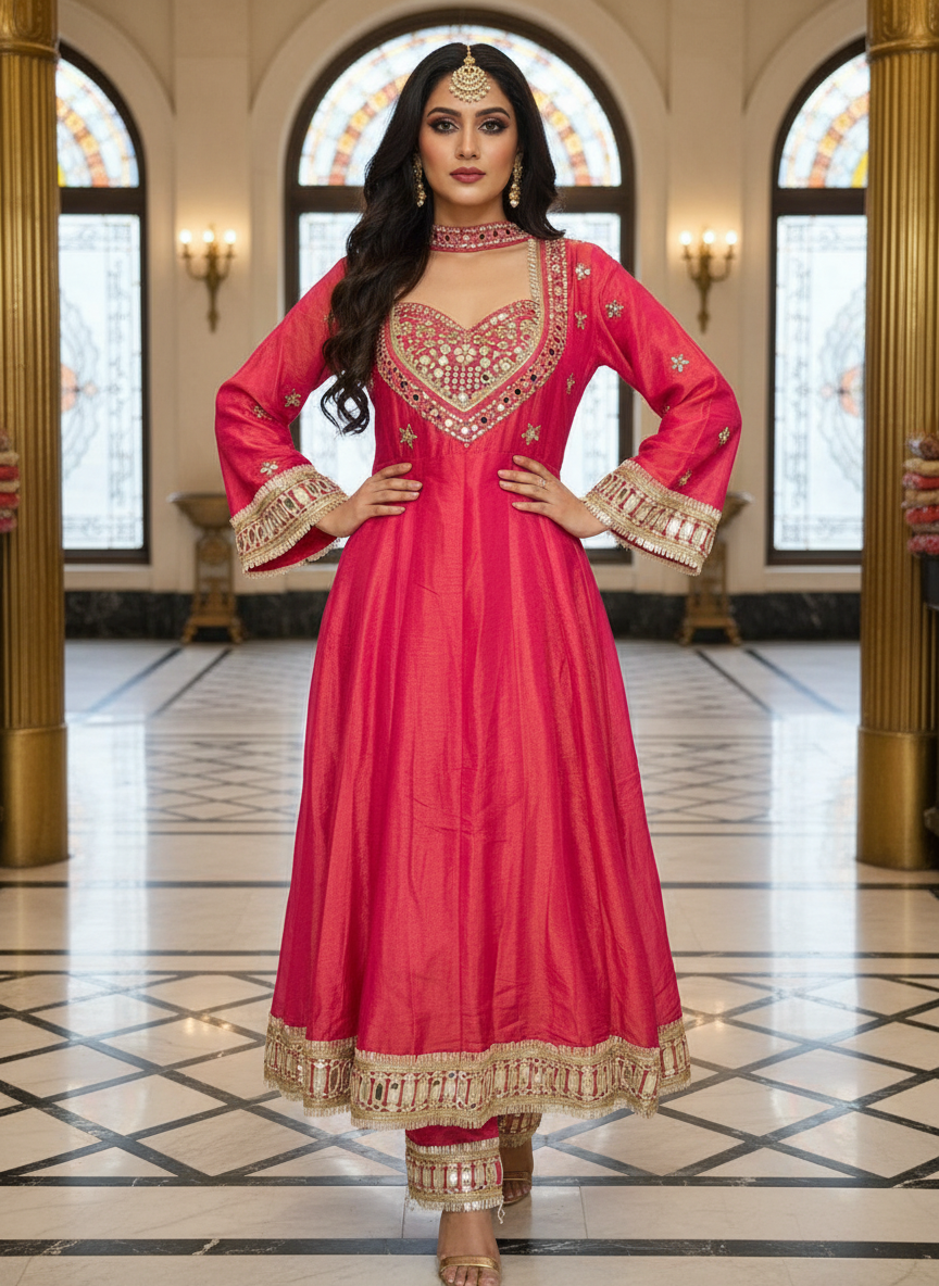 Royal Ruby Embroidered Anarkali Suit with Churidar & Dupatta