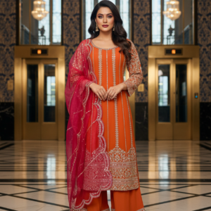 Rust Orange Embroidered Straight Suit Set with Mirror Work & Net Dupatta for Women