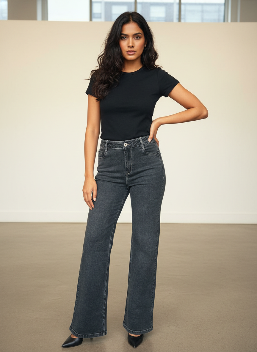 Women’s High Waist Dark Grey Wide Leg Jeans - Image 2