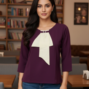 Women’s Solid Wine Top with Contrast Bow