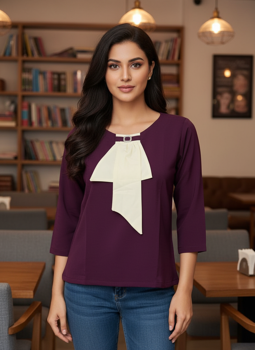 Women’s Solid Wine Top with Contrast Bow