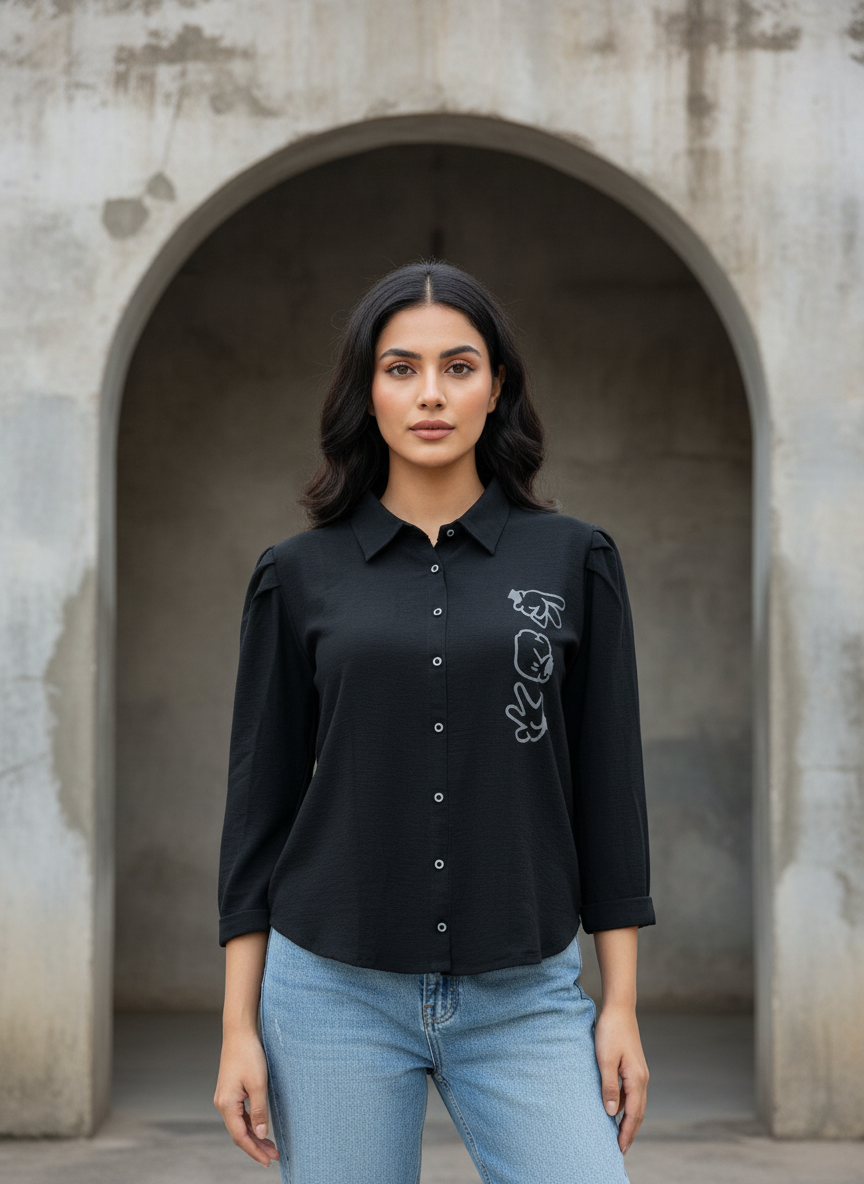 Women’s Black Printed Casual Top with Button-Down Front - Image 5