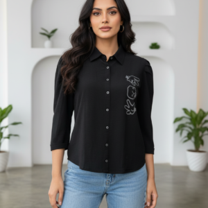 Women’s Black Printed Casual Top with Button-Down Front