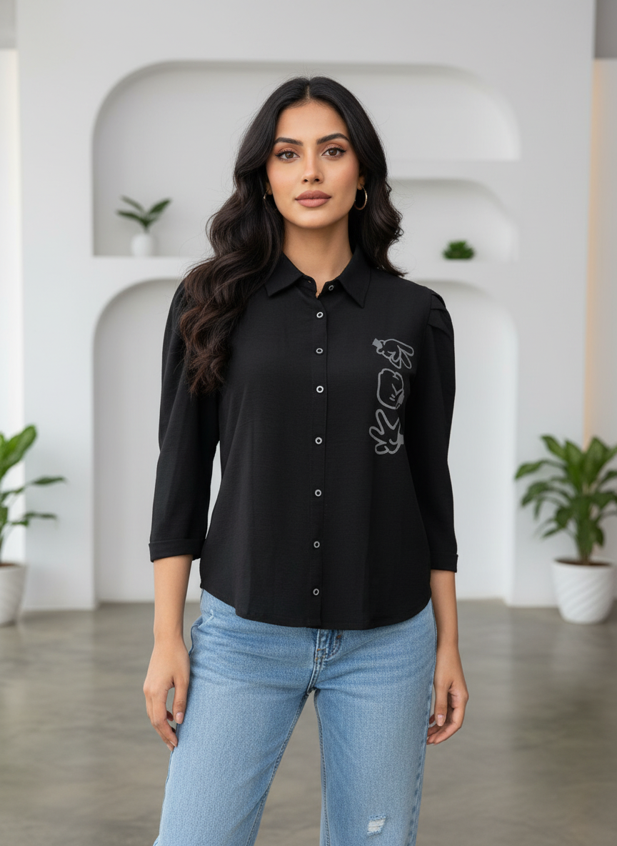 Women’s Black Printed Casual Top with Button-Down Front