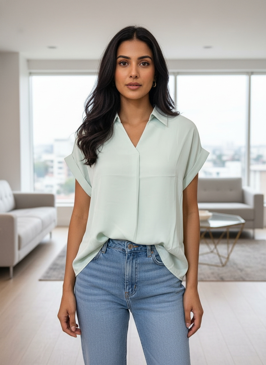 Women’s Mint Green Solid Casual Top with V-Neck - Image 5
