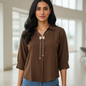 Women’s brown solid casual top with bow neck and 3/4 sleeves