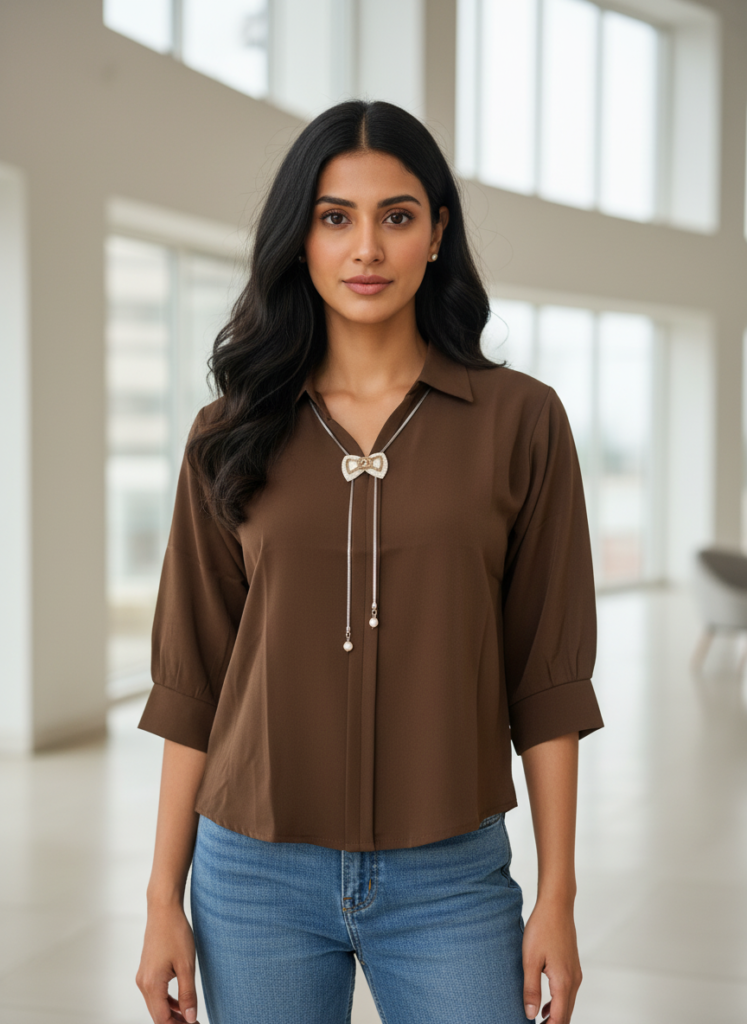 Women’s brown solid casual top with bow neck and 3/4 sleeves