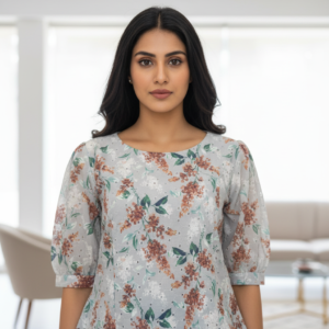 Women wearing grey floral printed casual top with puff sleeves