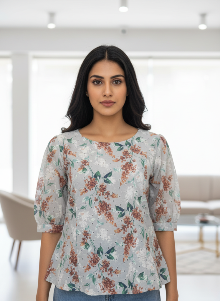 Women wearing grey floral printed casual top with puff sleeves