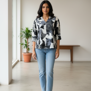 Women’s Black & White Printed V-Neck Top