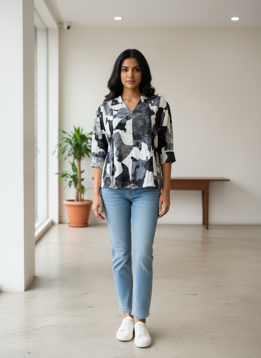 Women’s Black & White Printed V-Neck Top