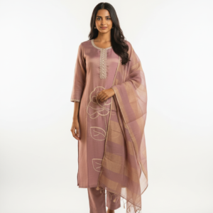 Blush Rose Embroidered Kurta Set with Checked Dupatta