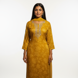 Mustard Pure Chinnon Straight Suit with Hand Embroidered Neck & Chiffon Dupatta