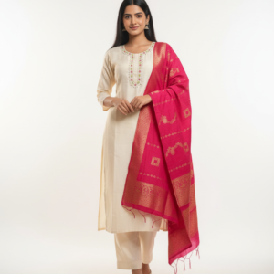 White Cotton Silk Straight Suit with Hand Embroidery & Banarasi Dupatta