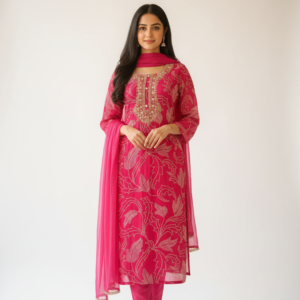 Magenta Pure Crepe Straight Suit with Hand Embroidery & Chiffon Dupatta