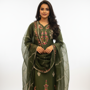 Green Pure Georgette Straight Suit with Thread Embroidery