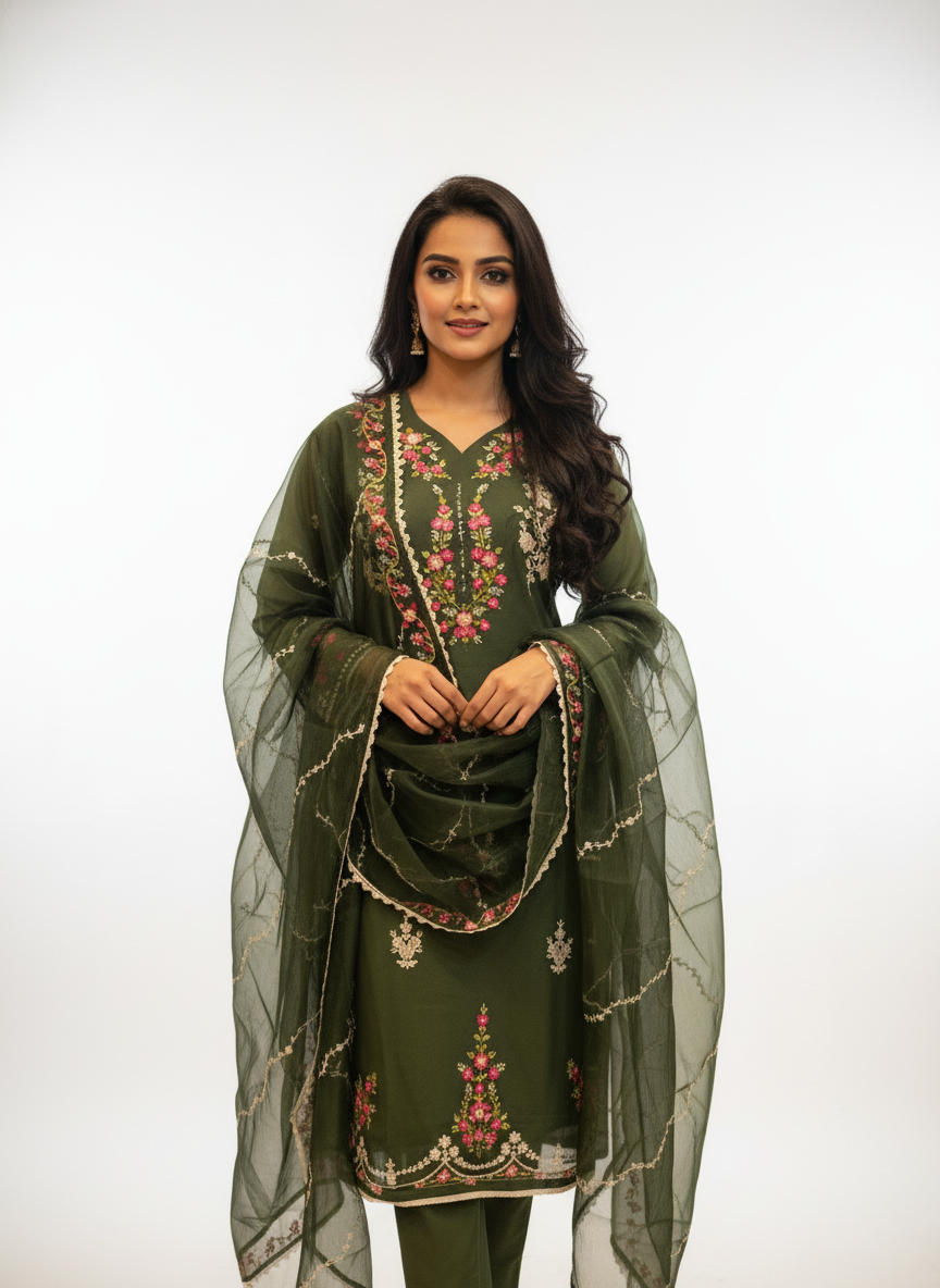 Green Pure Georgette Straight Suit with Thread Embroidery
