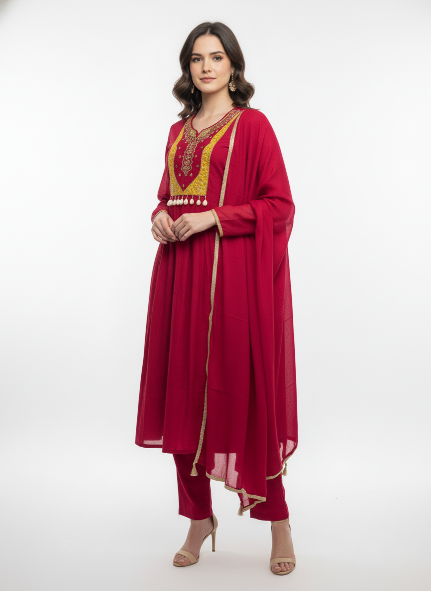 Hot Pink Mul Chanderi Silk A-Line Straight Suit with Zari Work - Image 3