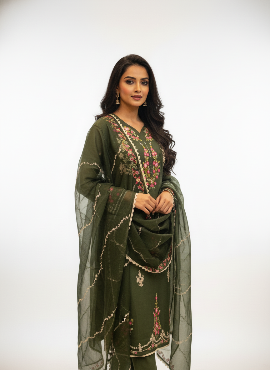 Green Pure Georgette Straight Suit with Thread Embroidery - Image 6