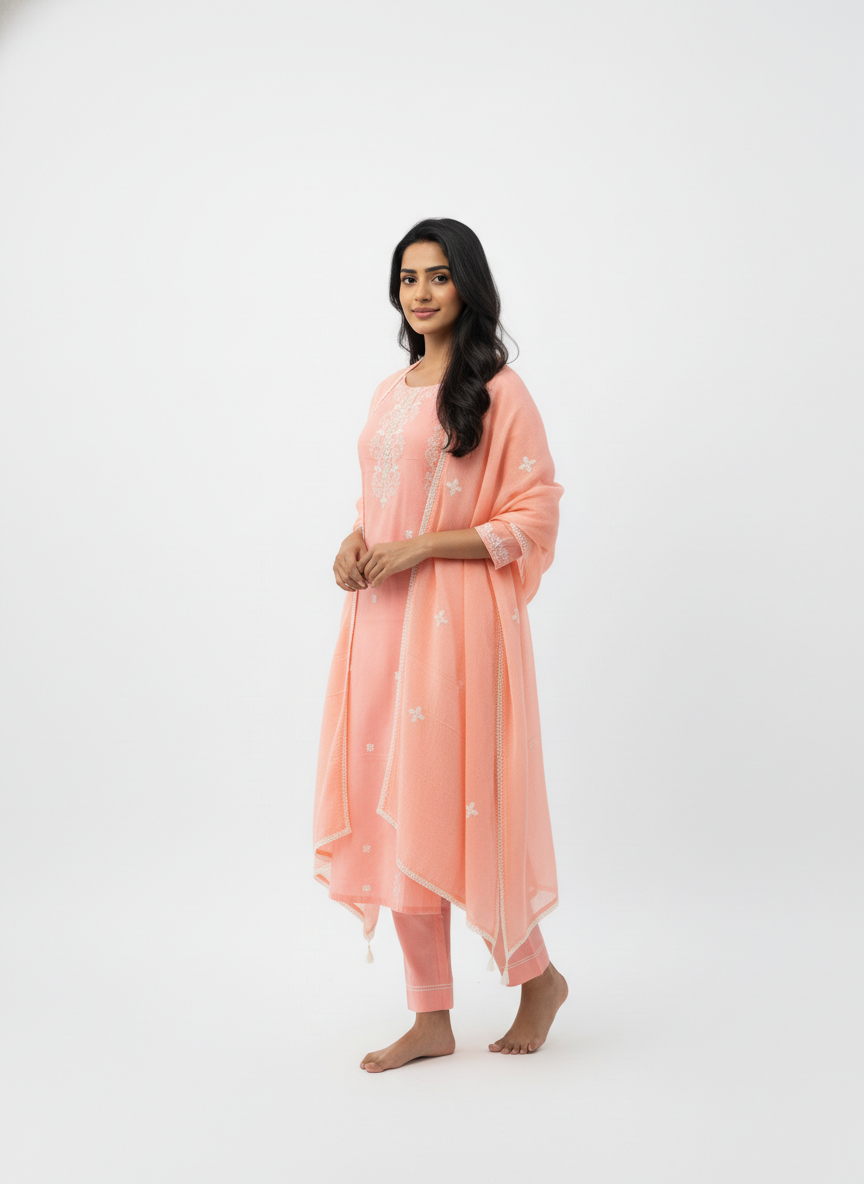 Peach Embroidered Kurta Set with Dupatta for Women - Image 3