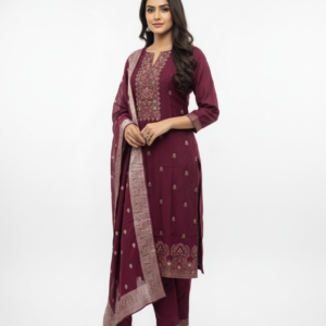 Wine Embroidered Kurta Set with Dupatta for Women