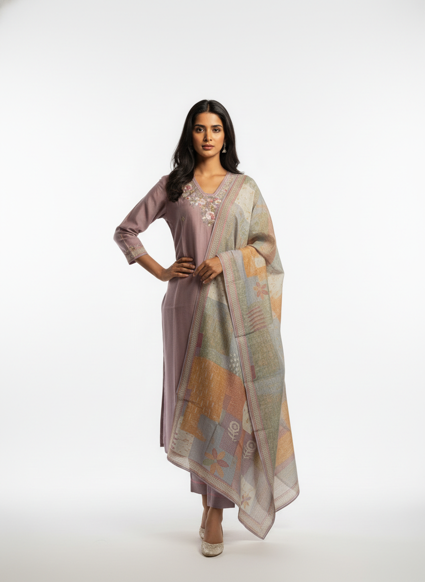 Mauve Embroidered Kurta Set with Printed Dupatta for Women - Image 4