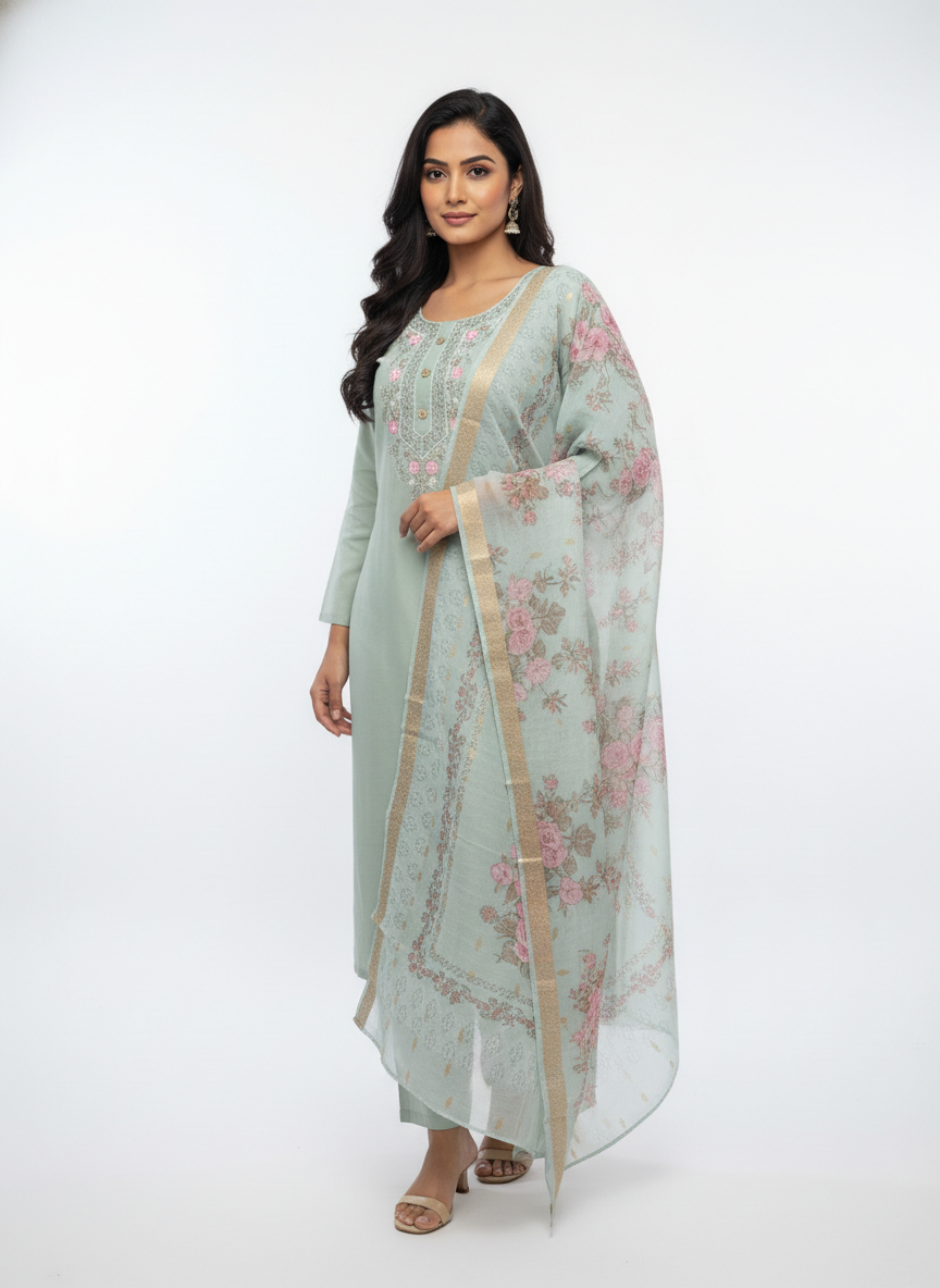 Mint Green Embroidered Kurta Set with Floral Printed Dupatta - Image 6