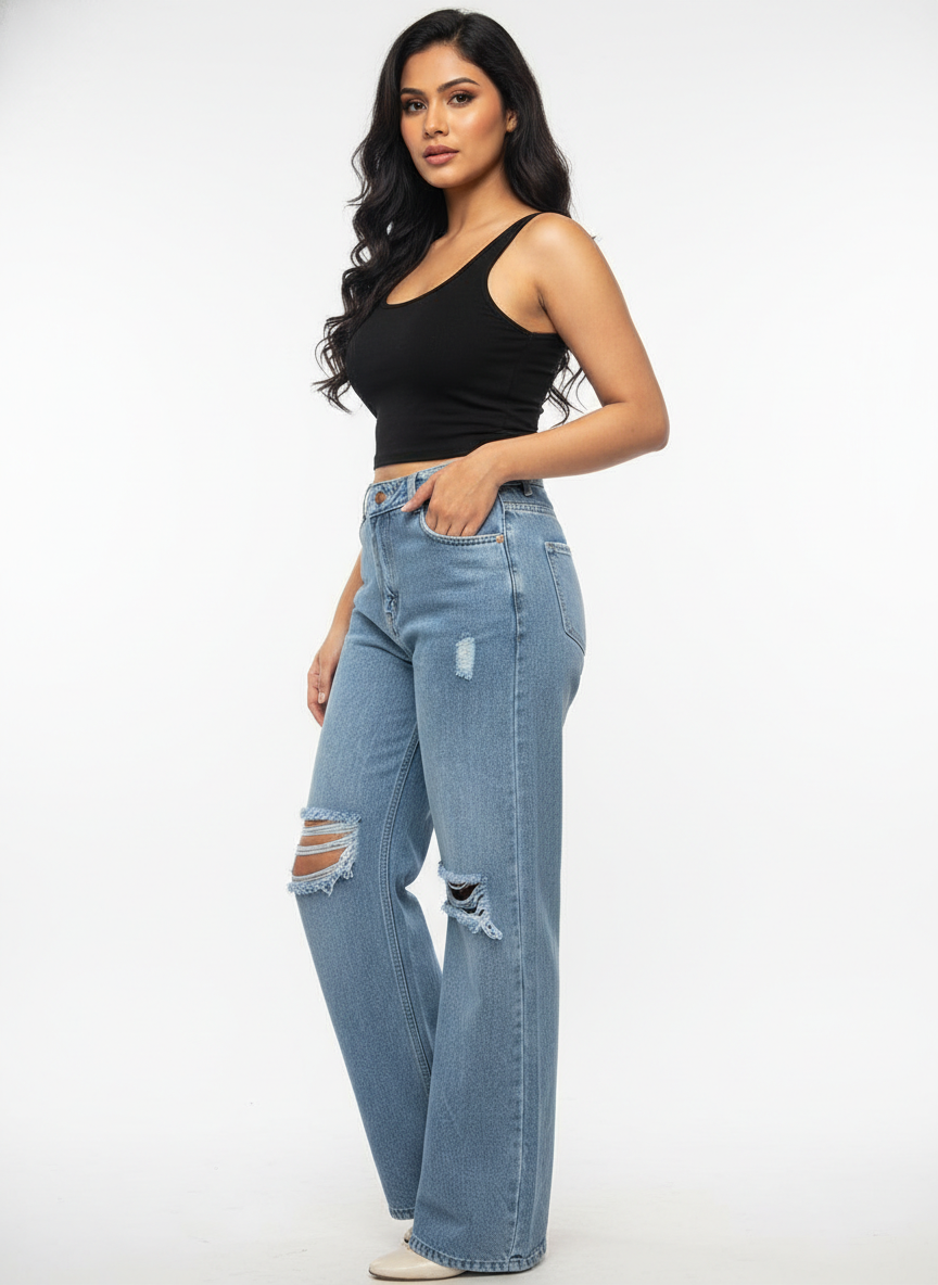 Women’s High Waist Distressed Wide Leg Blue Jeans - Image 2