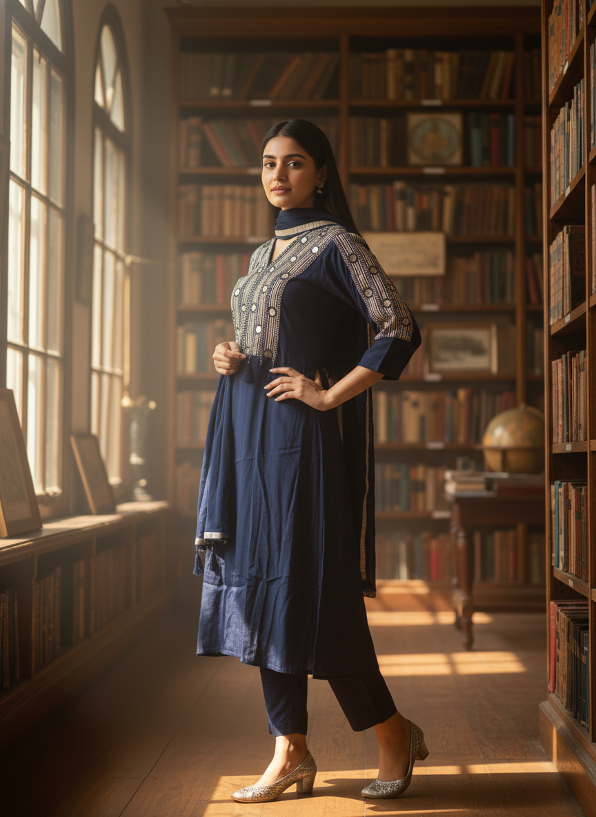 Navy Blue Crepe Straight Suit with Mirror Work & Chiffon Dupatta for Women - Image 3